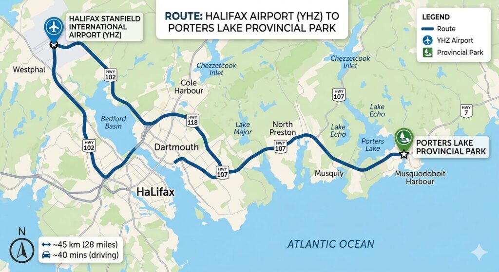 Halifax Airport (YHZ) to Porters Lake Provincial Park