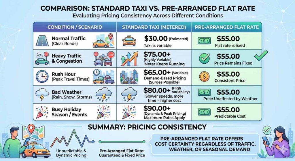 Standard Taxi vs. Pre-Arranged Flat Rate